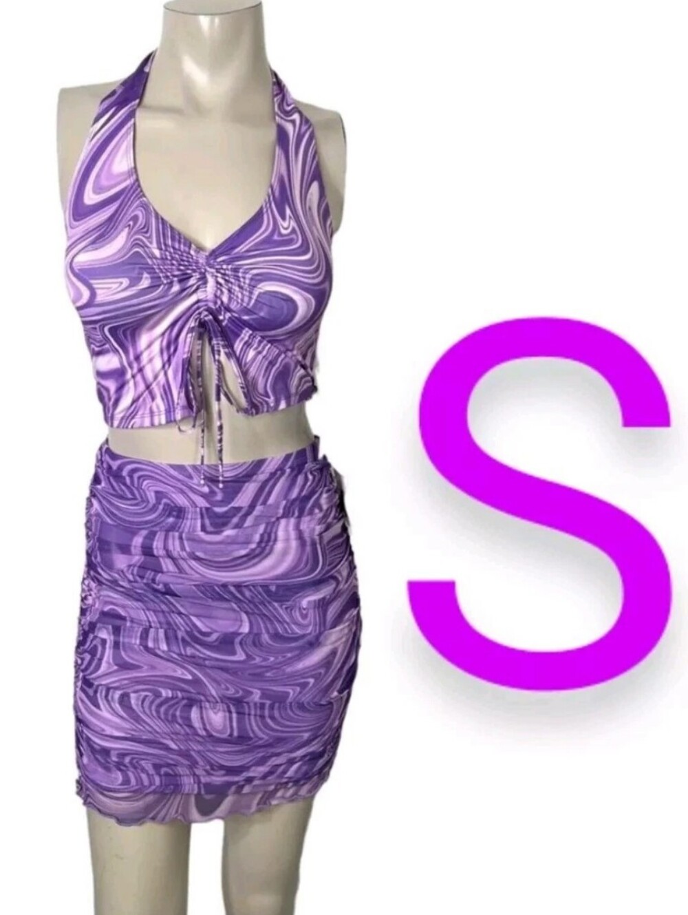 🆕Gorgeous Purple Marble Swirl Print Design Halter Top & Mini Skirt Set~Size S